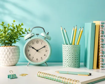 Minimalist Desk Setup With Pastel Stationery And Alarm Clock