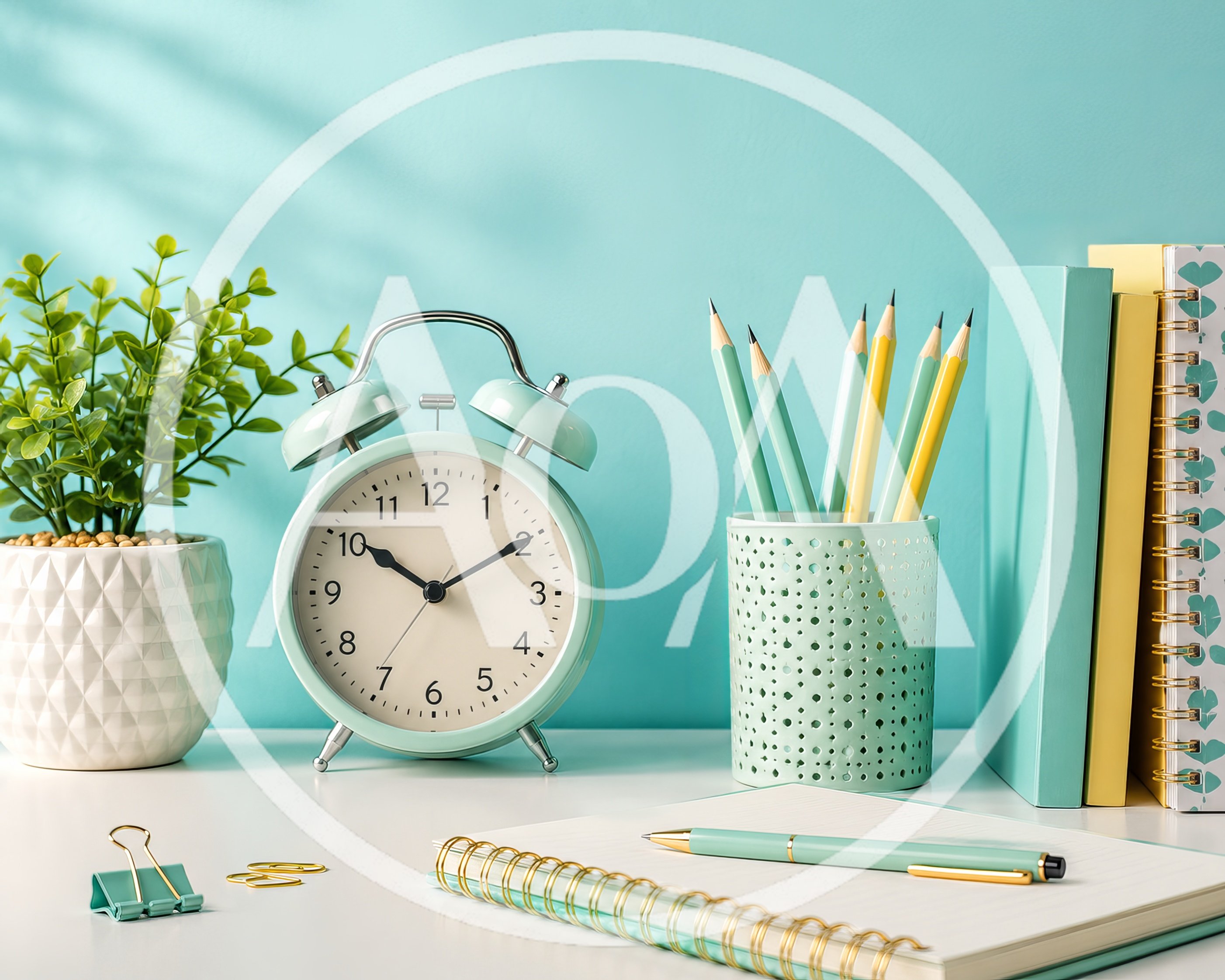 Minimalist Desk Setup With Pastel Stationery And Alarm Clock