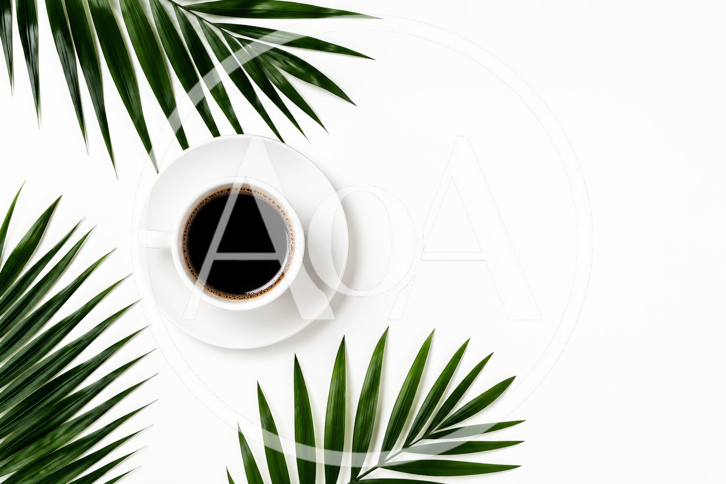 Top View Of Coffee Cup With Palm Leaves