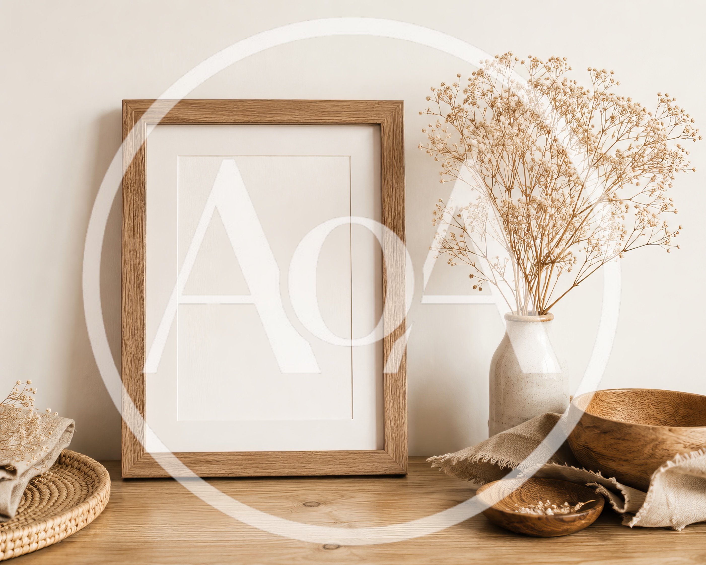 Wooden Picture Frame Mockup With Dried Flowers