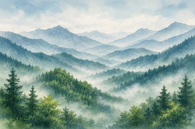 Watercolor Painting Of Misty Mountain Forest Landscape