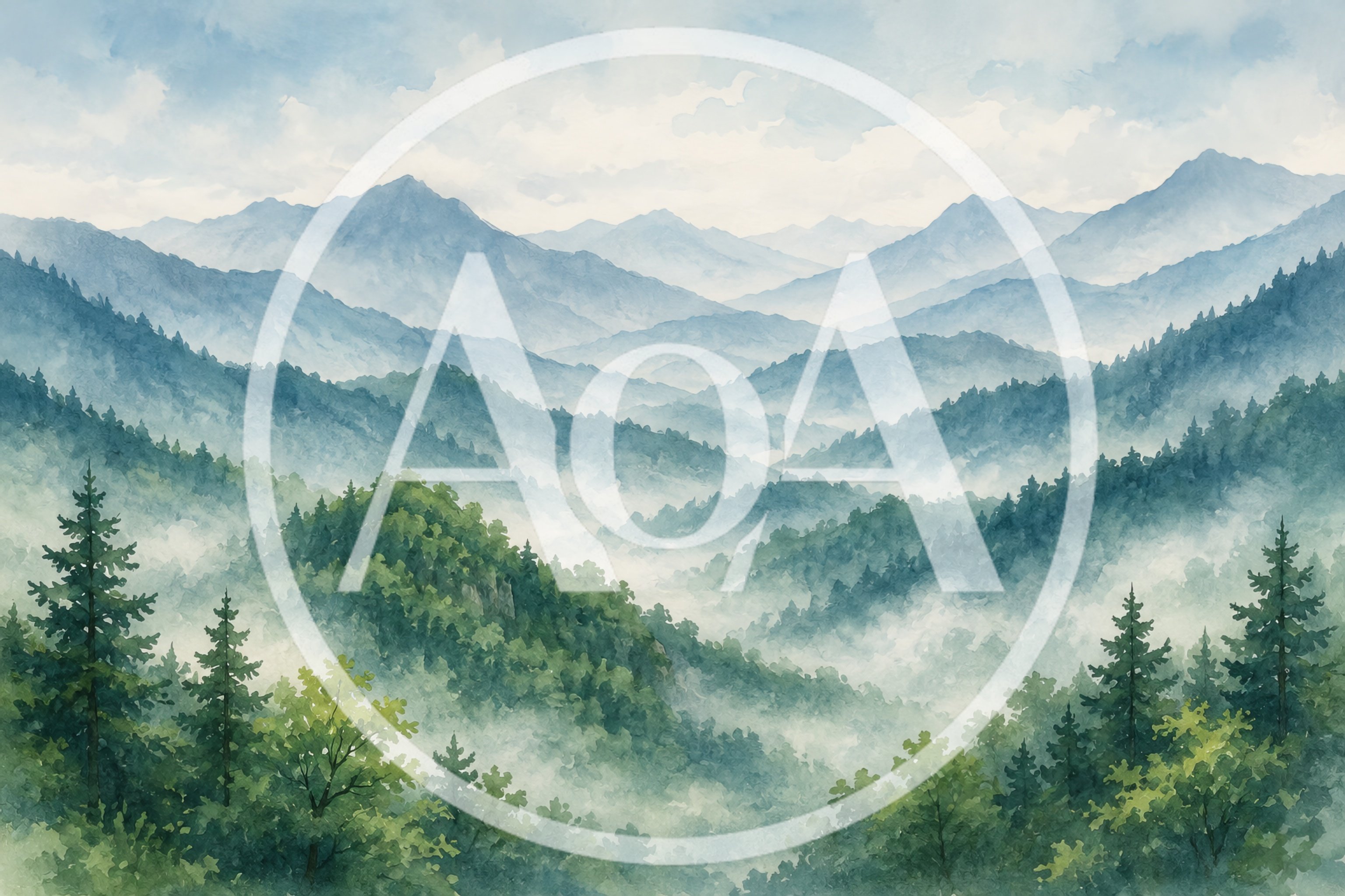 Watercolor Painting Of Misty Mountain Forest Landscape