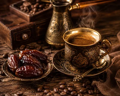 Traditional Turkish Coffee With Dates On Wooden Table