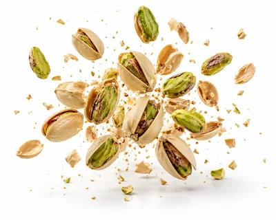 Exploding Pistachios With Shell Fragments On White Background