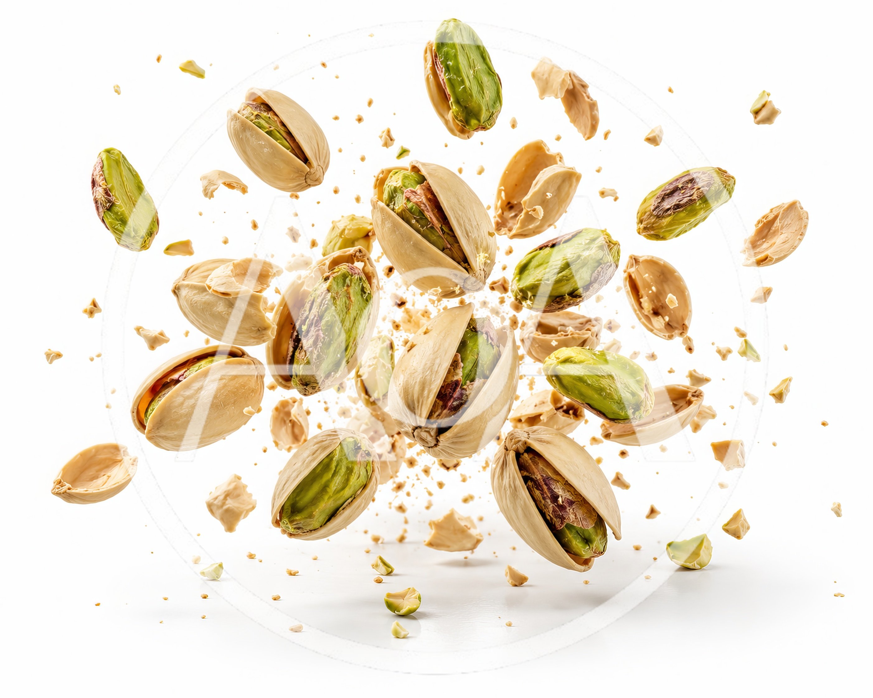 Exploding Pistachios With Shell Fragments On White Background