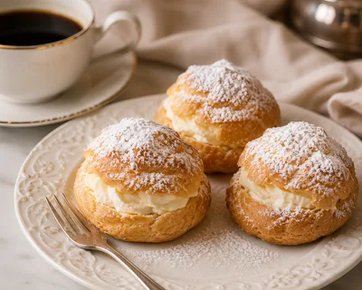 Three Cream Puffs Served On A Decorative Plate