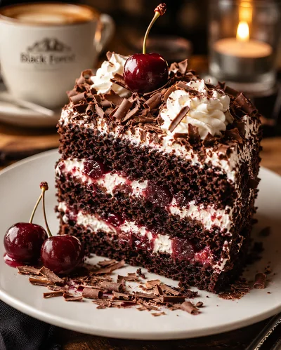 Slice Of Black Forest Cake With Cherries