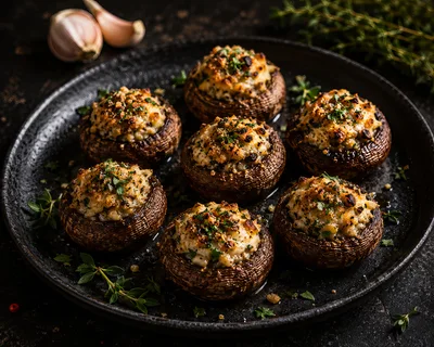 Baked Stuffed Mushrooms With Herbs On A Dark Plate