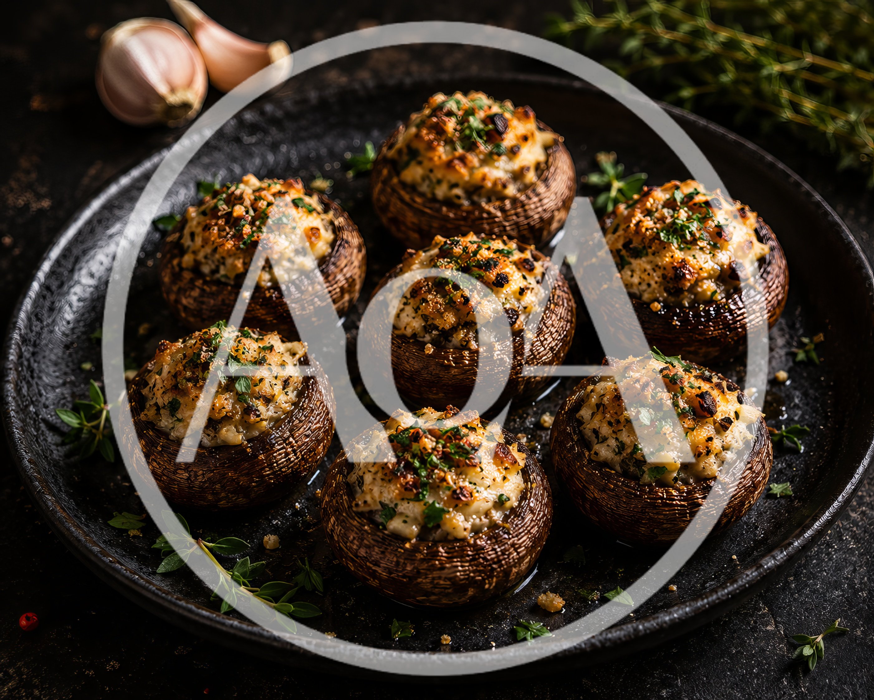 Baked Stuffed Mushrooms With Herbs On A Dark Plate