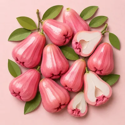 Fresh Pink Rose Apples With Green Leaves