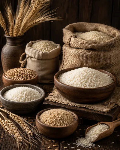 Assorted Grains and Rice in Rustic Bowls and Sacks