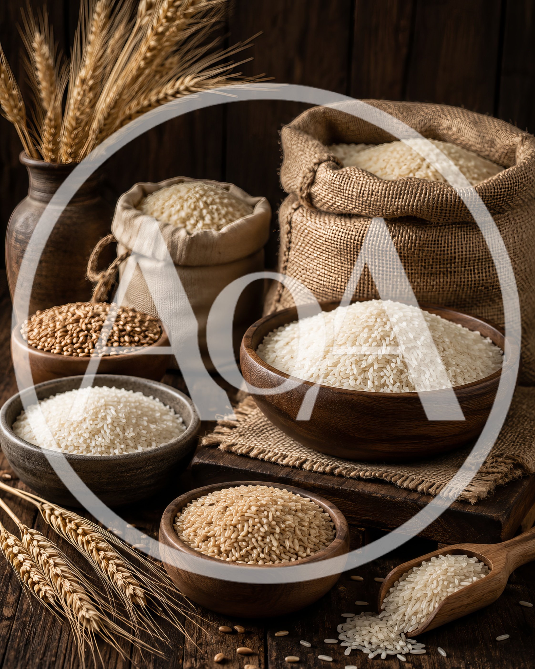 Assorted Grains and Rice in Rustic Bowls and Sacks
