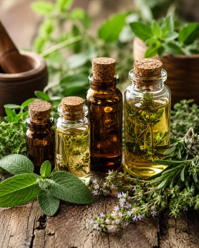 Essential Oil Bottles With Fresh Herbs On Wooden Table