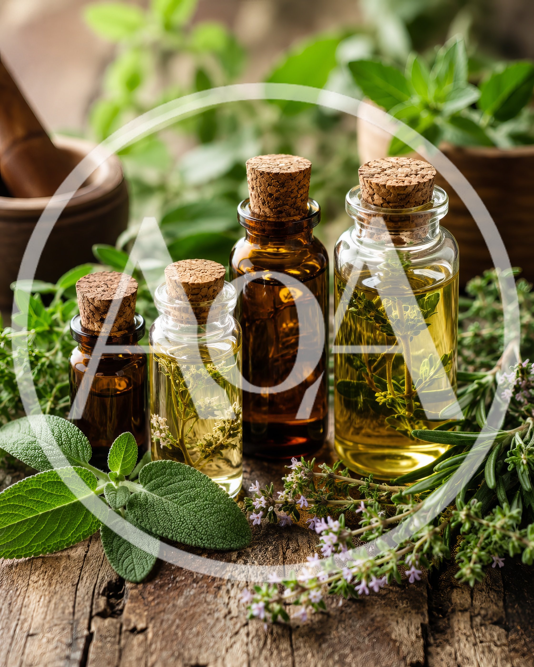 Essential Oil Bottles With Fresh Herbs On Wooden Table