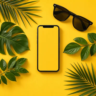 Smartphone With Tropical Leaves And Sunglasses On Yellow Background