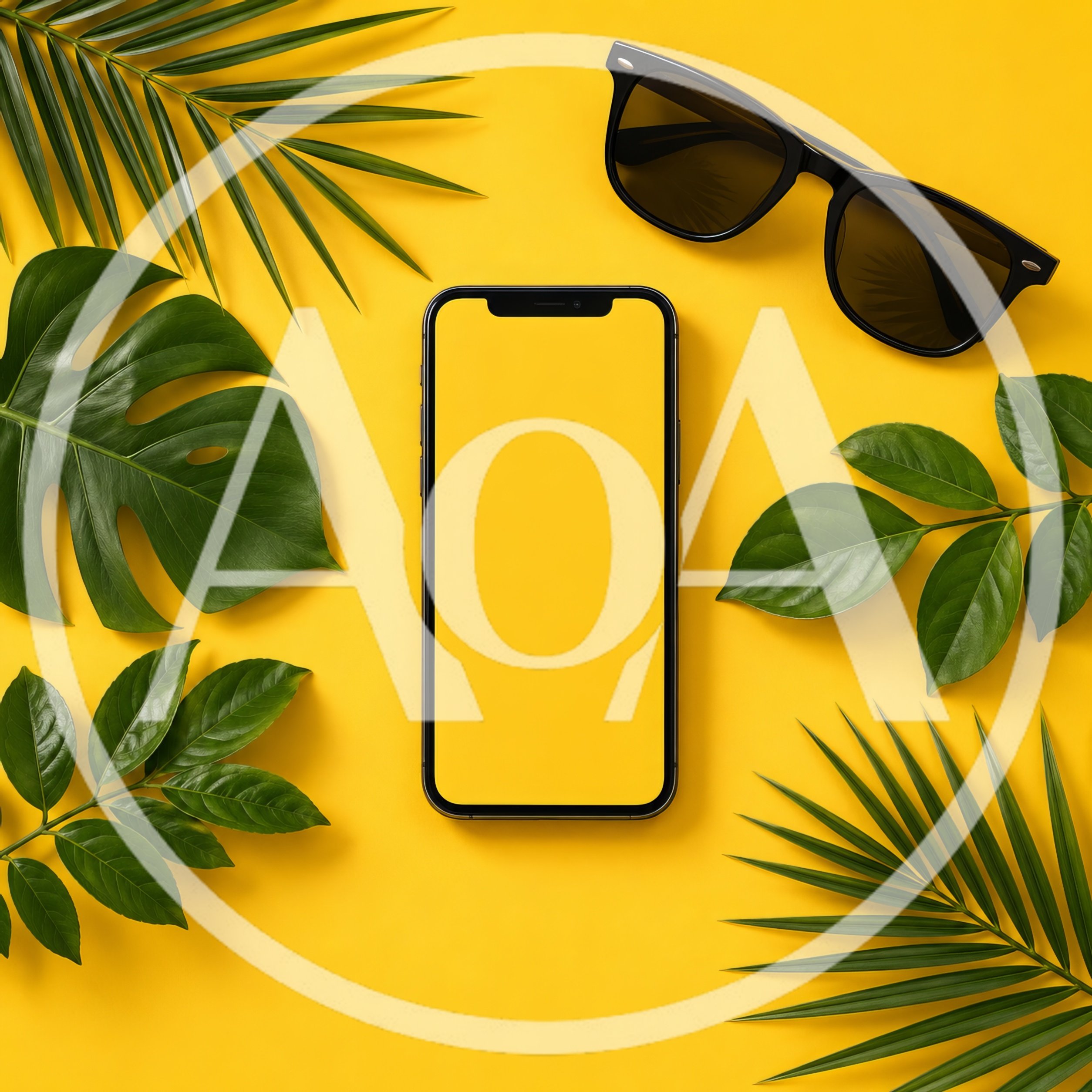 Smartphone With Tropical Leaves And Sunglasses On Yellow Background