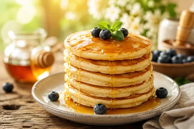 Stack Of Fluffy Pancakes With Blueberries And Maple Syrup