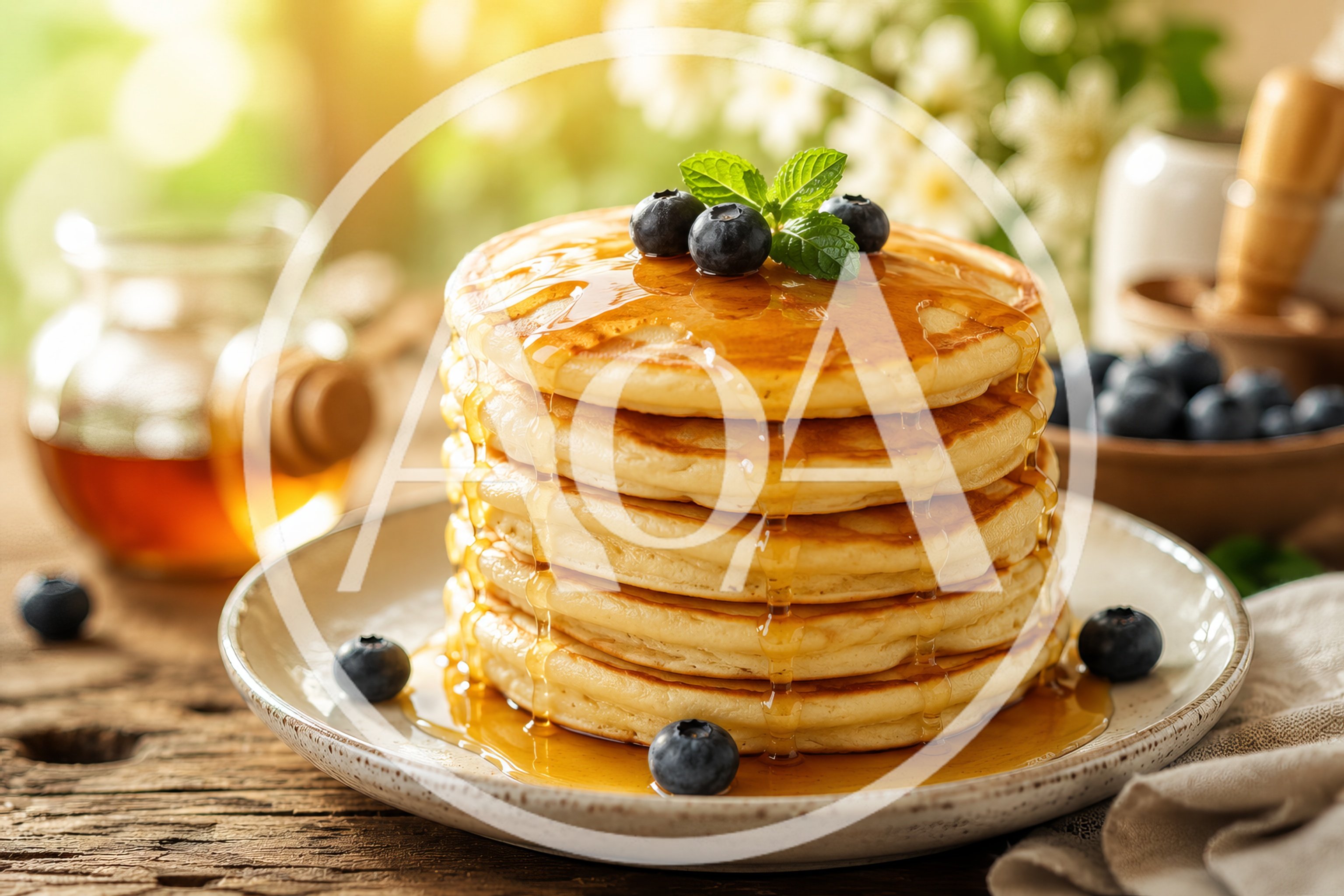Stack Of Fluffy Pancakes With Blueberries And Maple Syrup