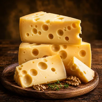 Swiss Cheese Wedges With Walnuts On Wooden Plate