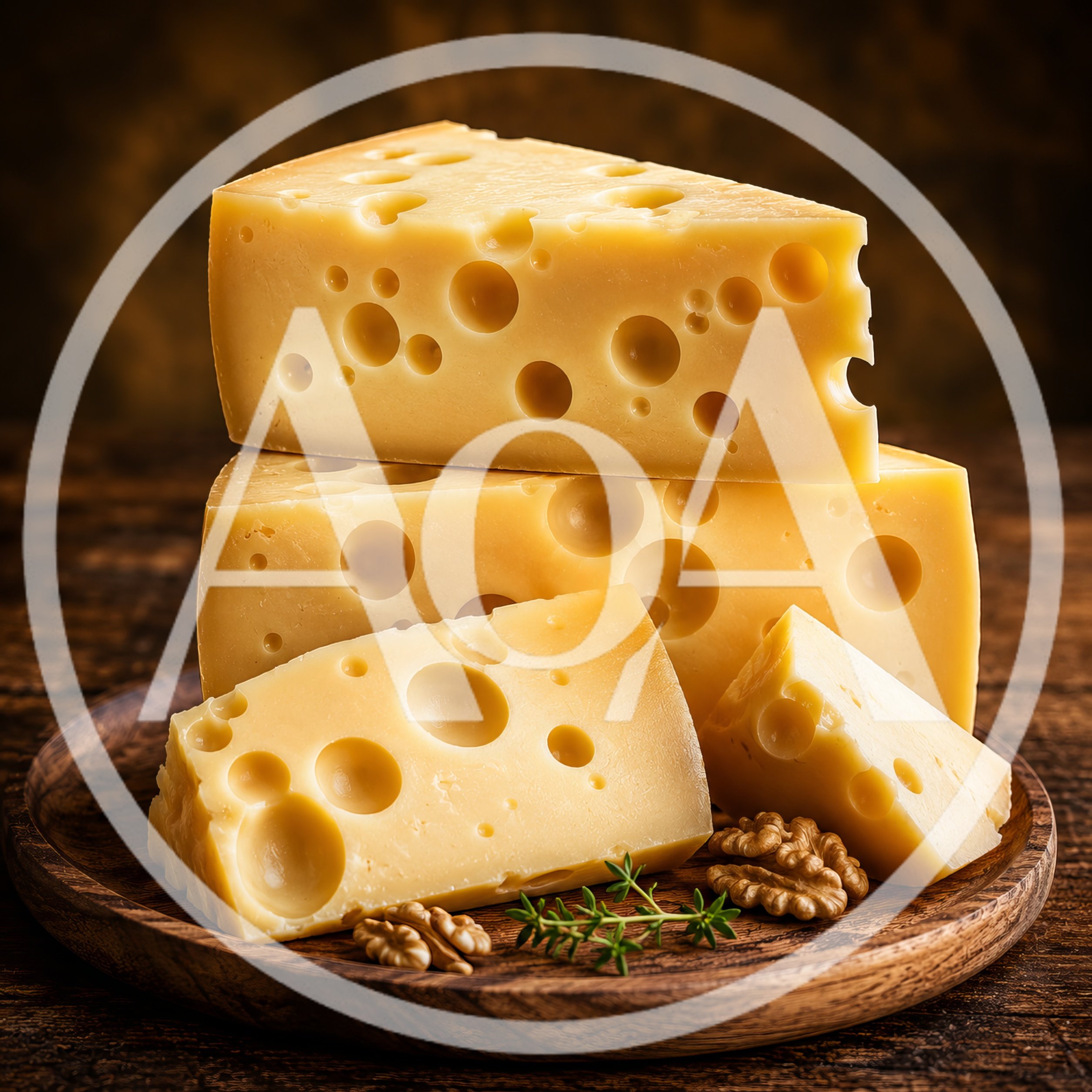 Swiss Cheese Wedges With Walnuts On Wooden Plate
