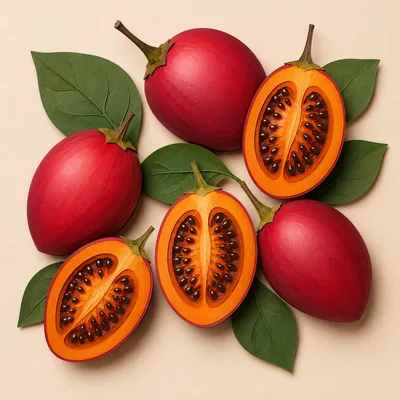 Fresh Whole And Sliced Tamarillo Fruits With Leaves