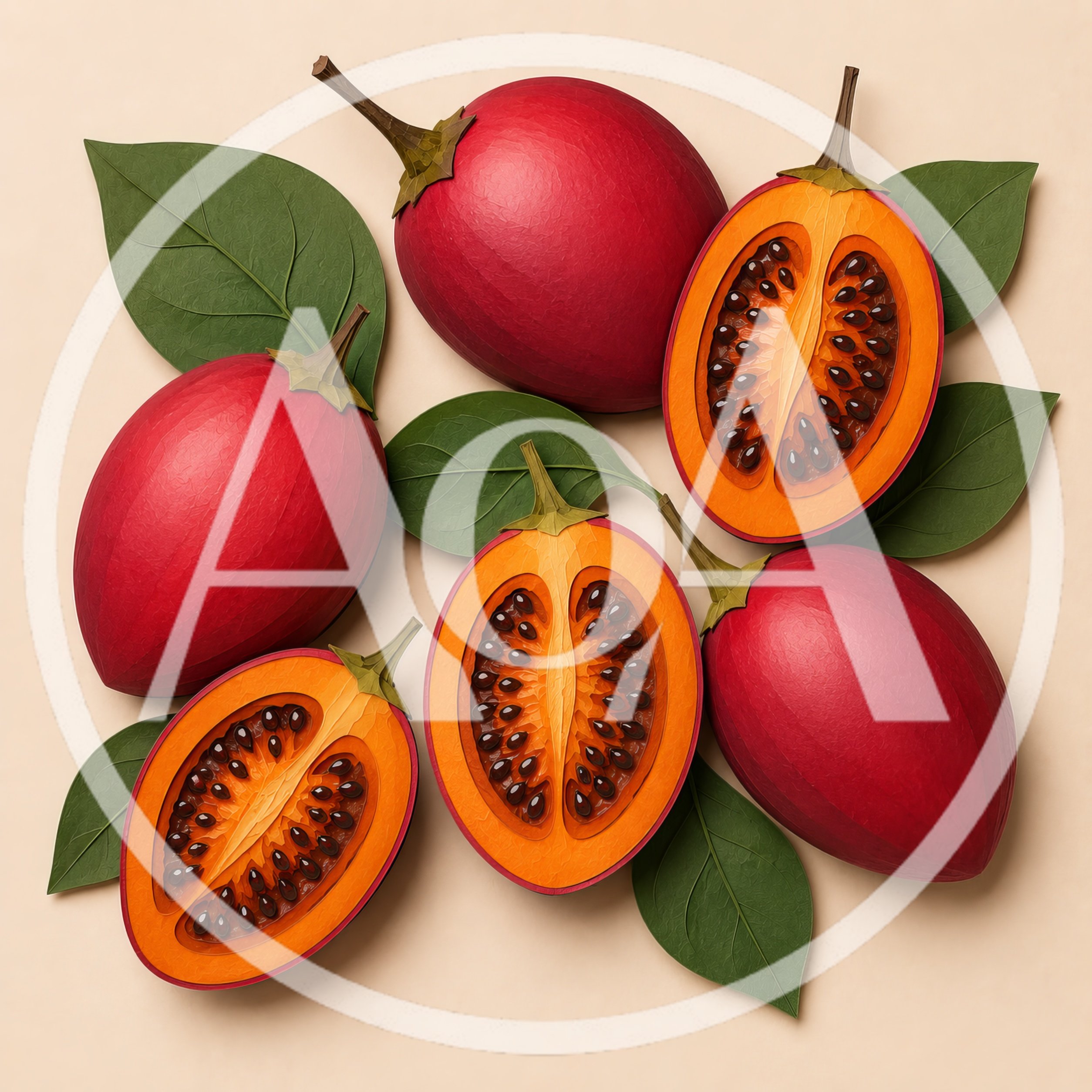 Fresh Whole And Sliced Tamarillo Fruits With Leaves
