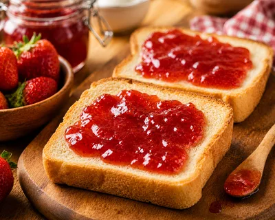 Two Slices Of Toast With Strawberry Jam