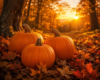 Three Orange Pumpkins Resting On Autumn Leaves