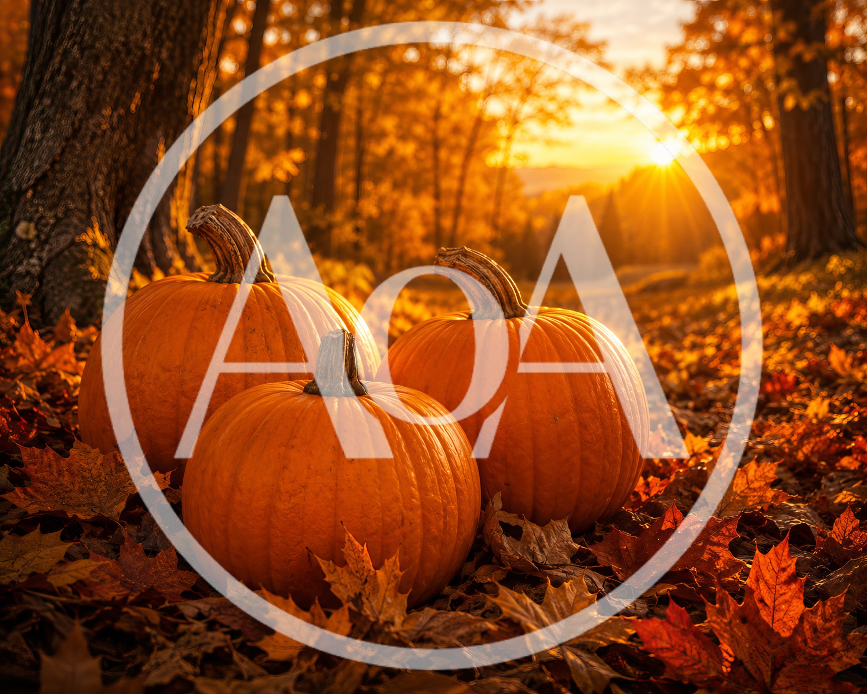 Three Orange Pumpkins Resting On Autumn Leaves