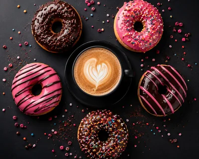 Assorted Glazed Donuts With Coffee On Dark Background