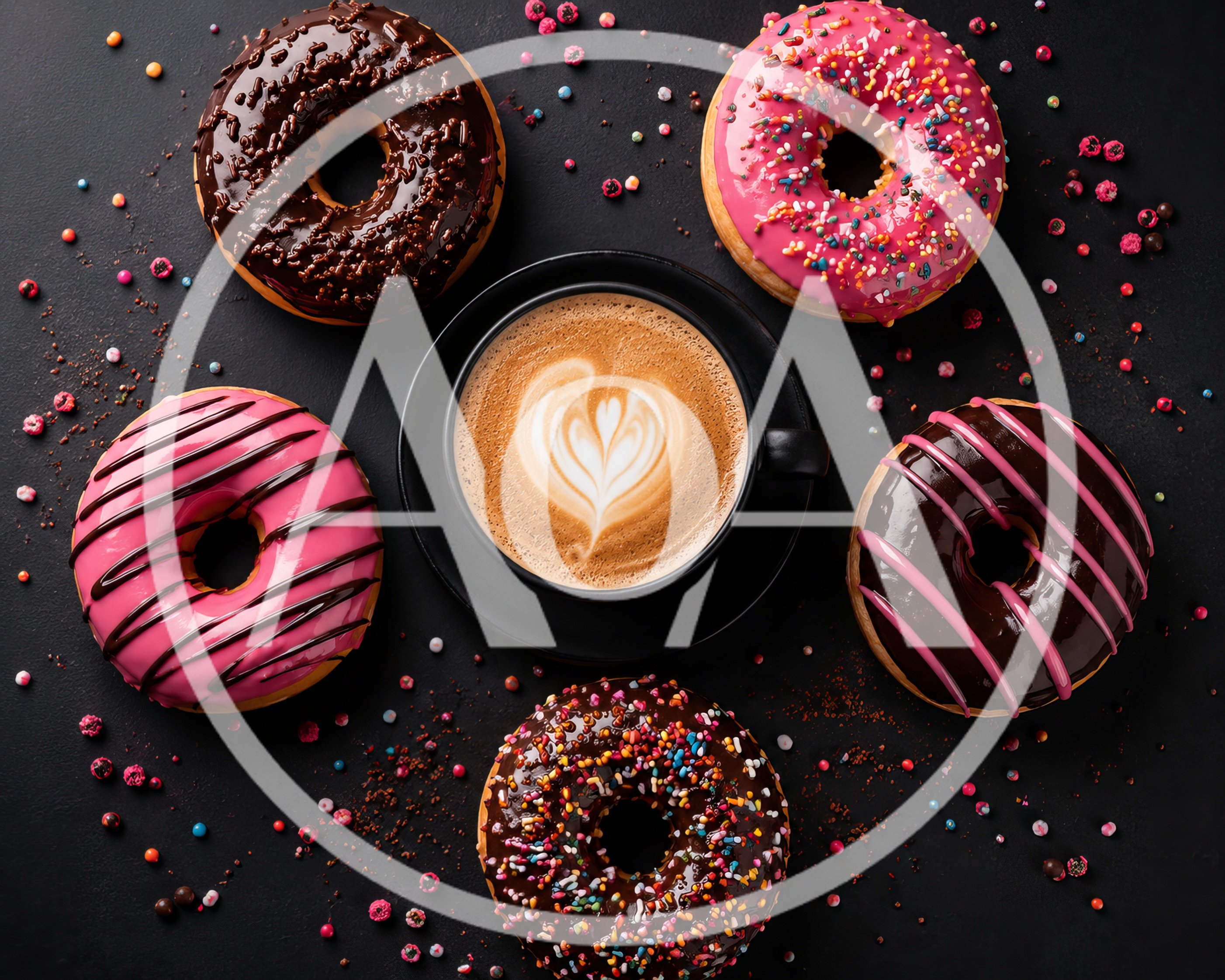 Assorted Glazed Donuts With Coffee On Dark Background