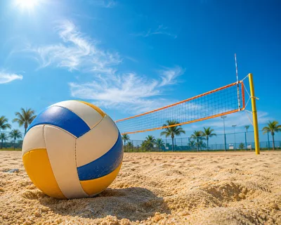 Volleyball Resting On Sand At A Beach Court