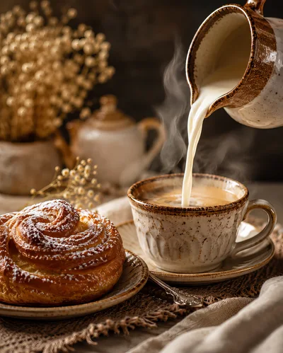 Milk Being Poured Into A Steaming Cup Of Coffee