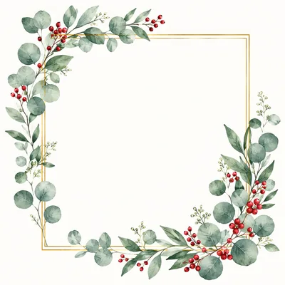 Watercolor Eucalyptus and Red Berry Floral Frame