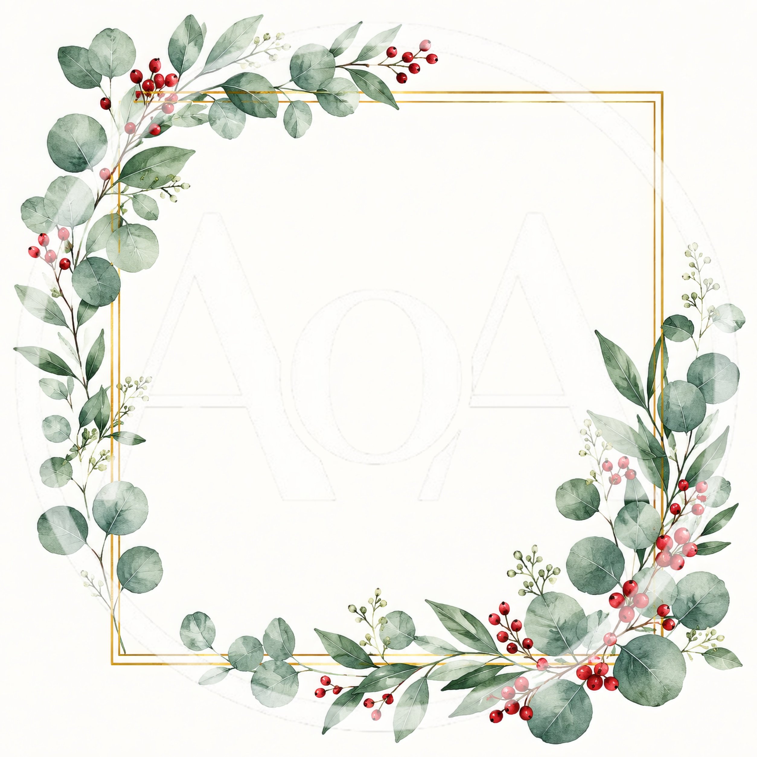 Watercolor Eucalyptus and Red Berry Floral Frame