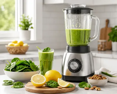 Fresh Green Smoothie Preparation In A Modern Kitchen