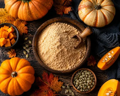 Pumpkin Flour and Fresh Pumpkins on Rustic Table