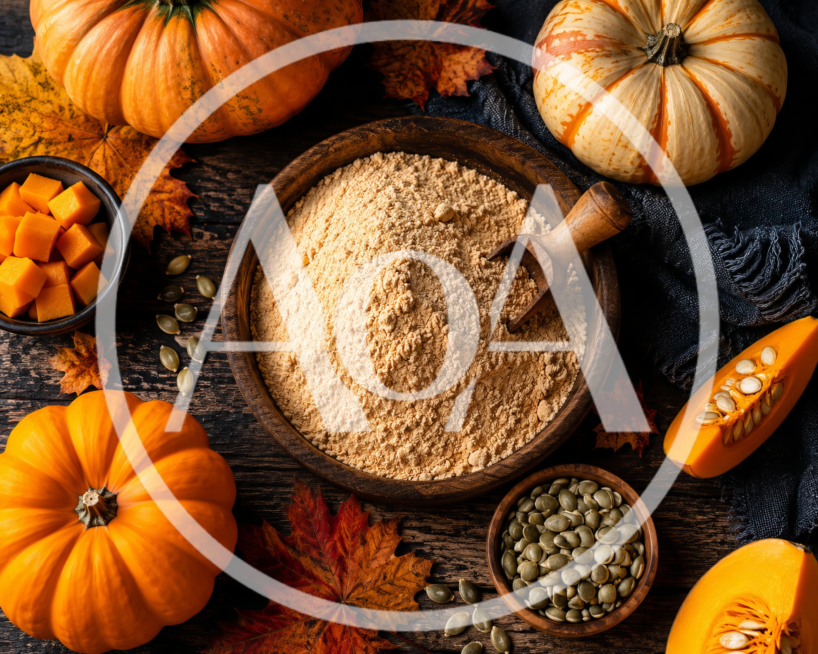 Pumpkin Flour and Fresh Pumpkins on Rustic Table