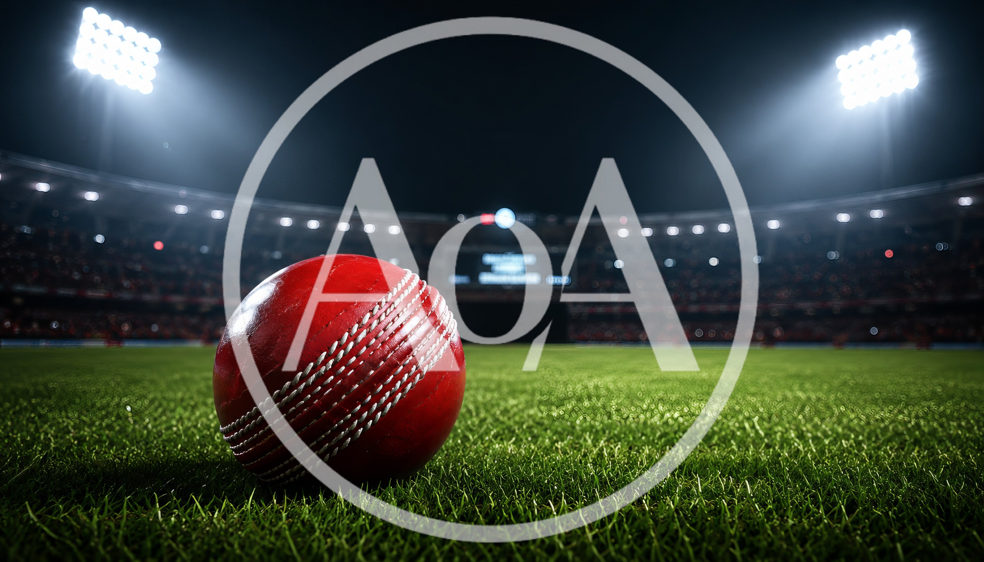 Red Cricket Ball Resting on Stadium Grass