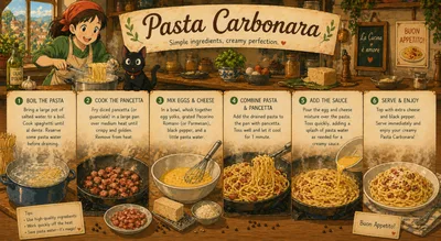 Illustrated Pasta Carbonara Recipe Infographic With Anime Style