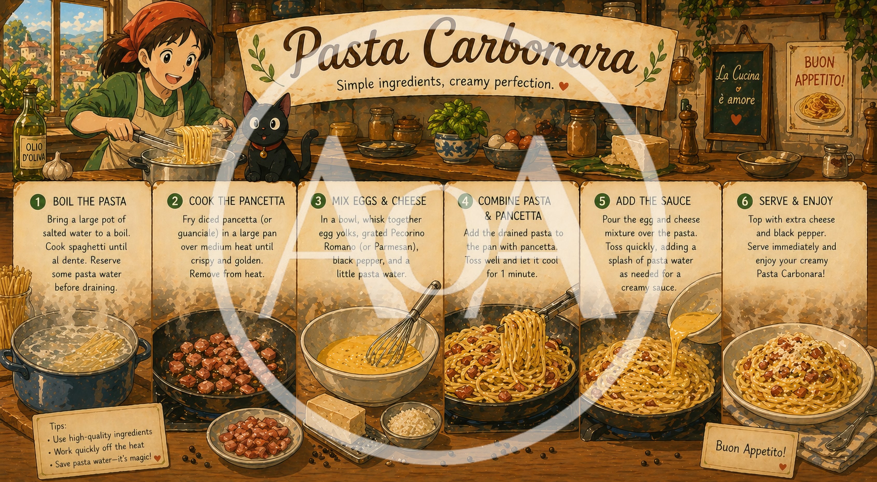 Illustrated Pasta Carbonara Recipe Infographic With Anime Style