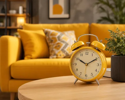 Yellow Alarm Clock on Wooden Coffee Table