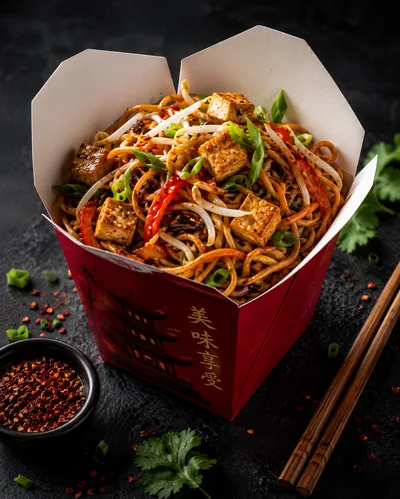 Takeout Box Of Stir Fried Noodles With Tofu