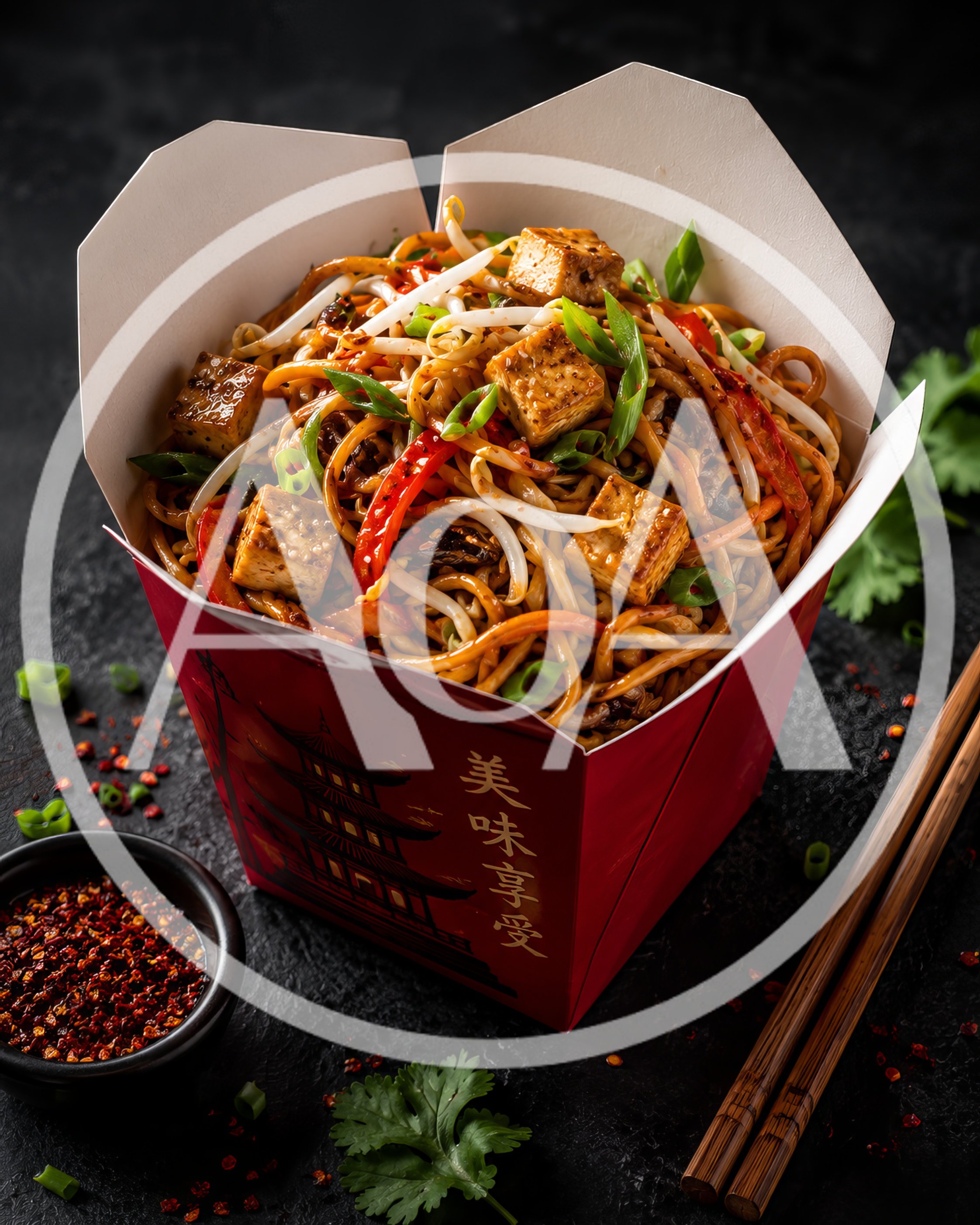Takeout Box Of Stir Fried Noodles With Tofu