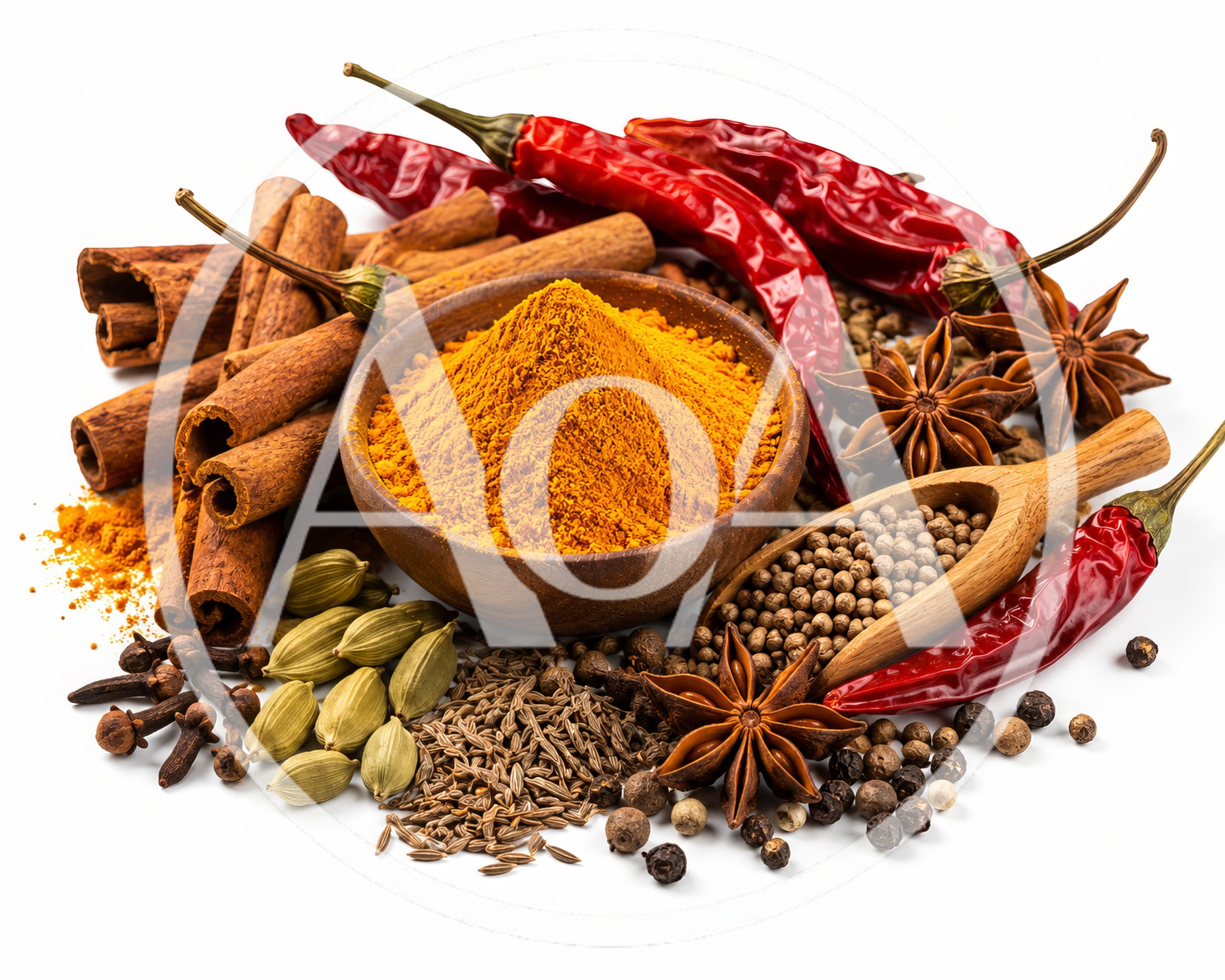 Assorted Spices and Herbs on White Background