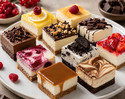 Assorted Gourmet Cheesecake Squares On A White Platter