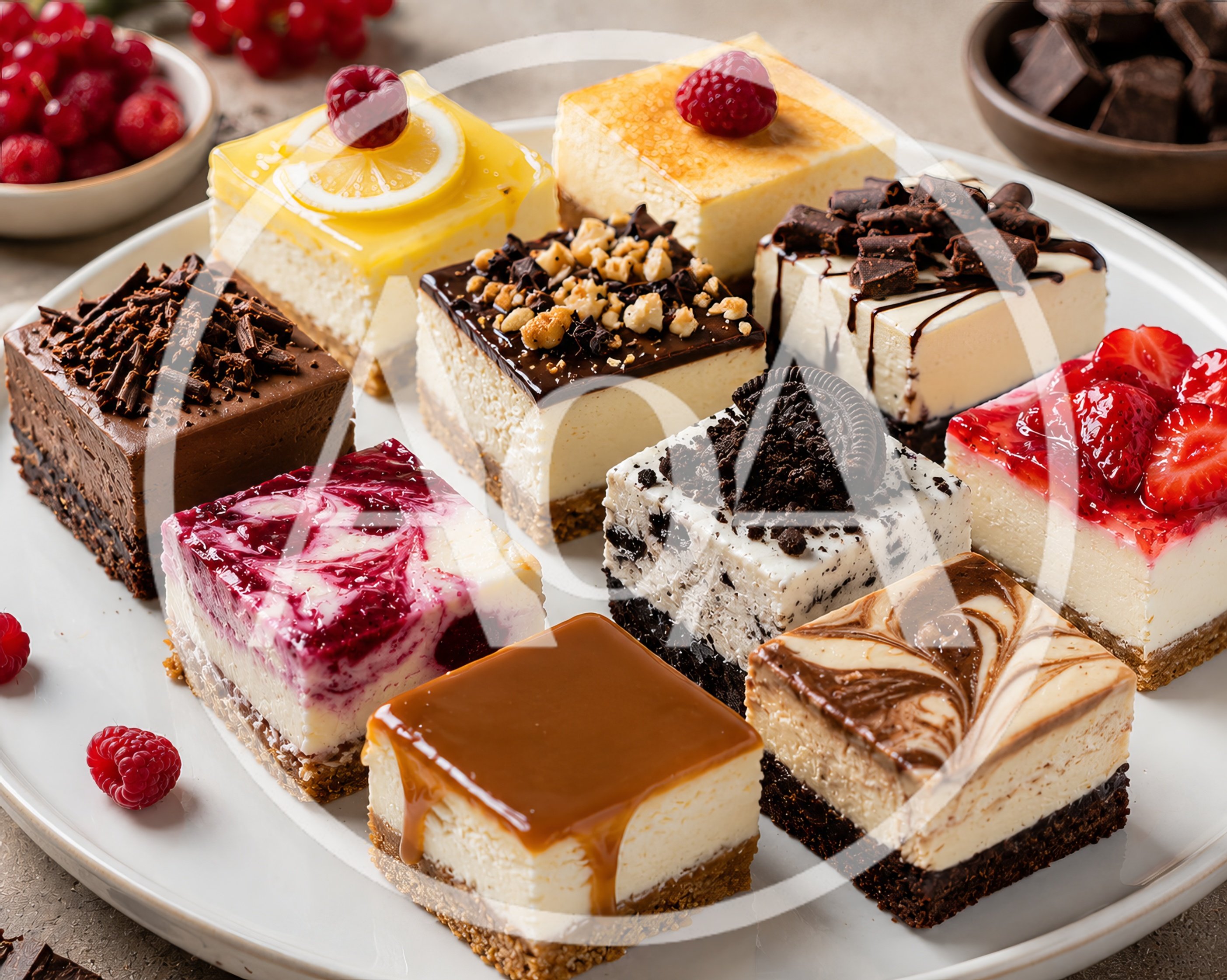 Assorted Gourmet Cheesecake Squares On A White Platter