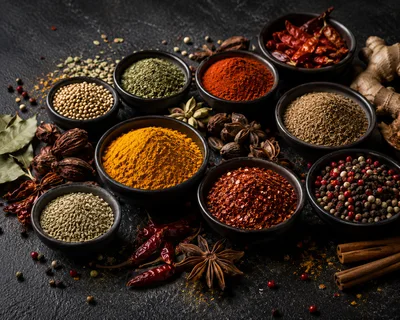 Assorted Spices in Bowls on Dark Background