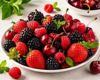 Fresh Assorted Berries and Cherries in White Bowl