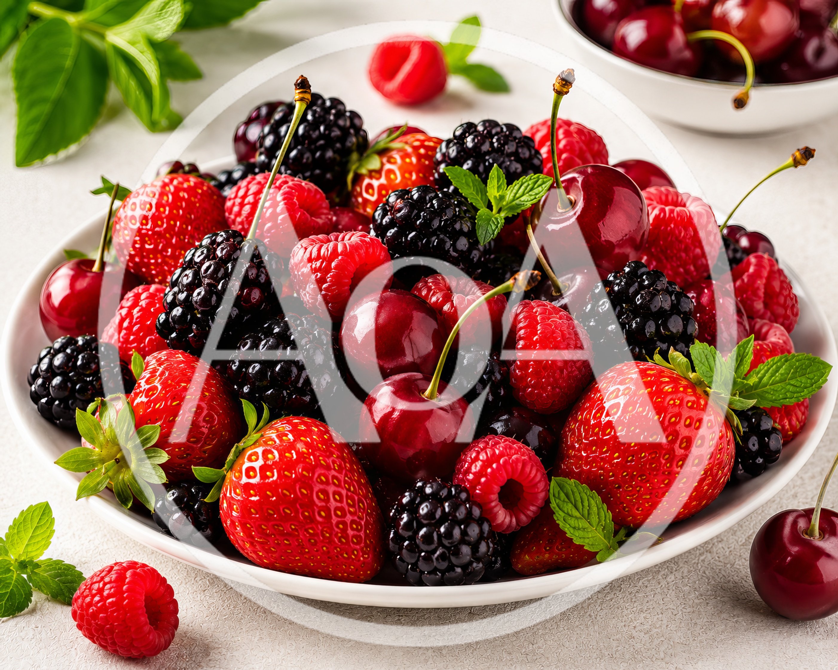 Fresh Assorted Berries and Cherries in White Bowl